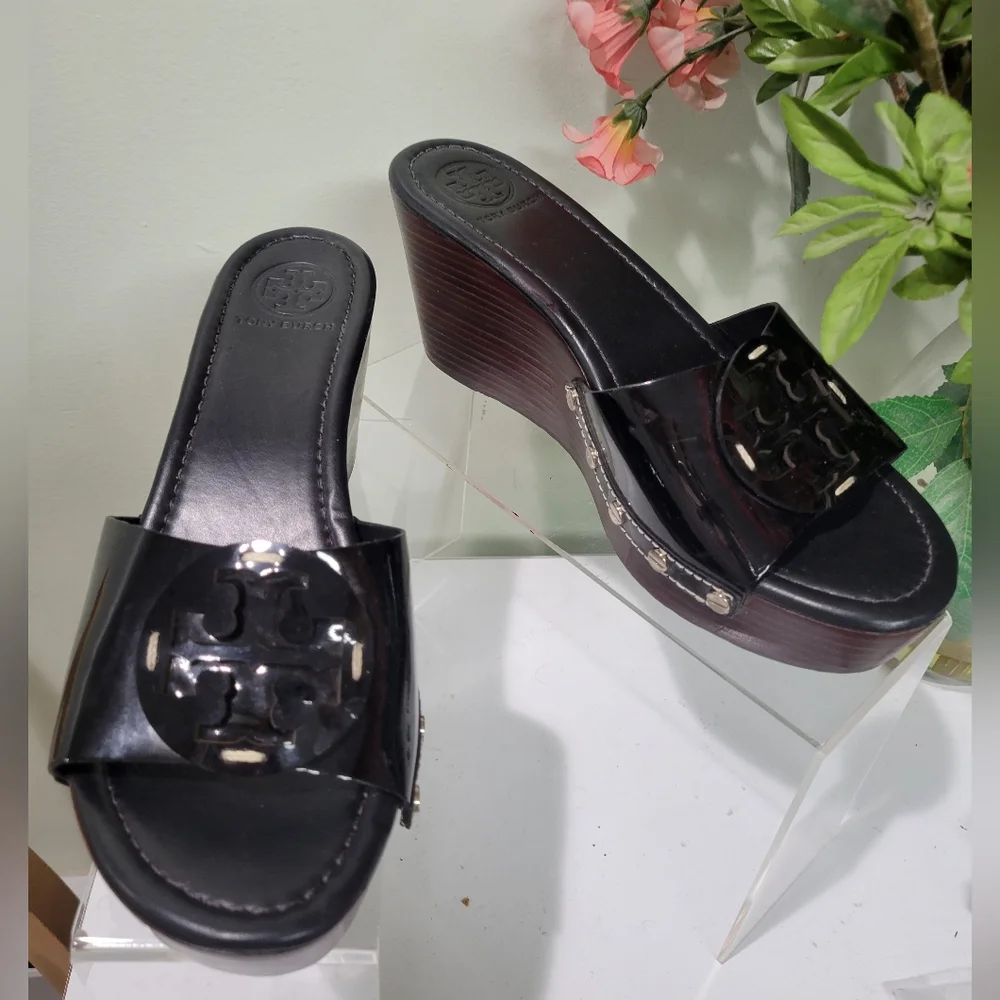 Tory Burch Patty Black Patent Wedge Slide Sandals 9 M Platform Shoes - Picture 4 of 13